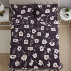 Premium Eggplant Purple Floral Velvet Bedsheet Set for Double Bed