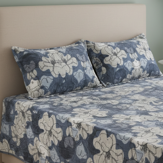 Premium Velvet Winter Double Bed Bedsheet with 2 Pillow Covers – Soft Floral Grey & White Design