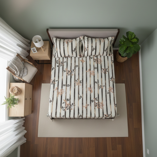 Premium Velvet Winter Bedsheet Set – Cream Striped Design with Floral Accents