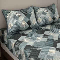 Premium Velvet Double Bed Bedsheet with 2 Pillow Covers – Teal, Grey & White Geometric Design | Super Soft Winter Bedding Set