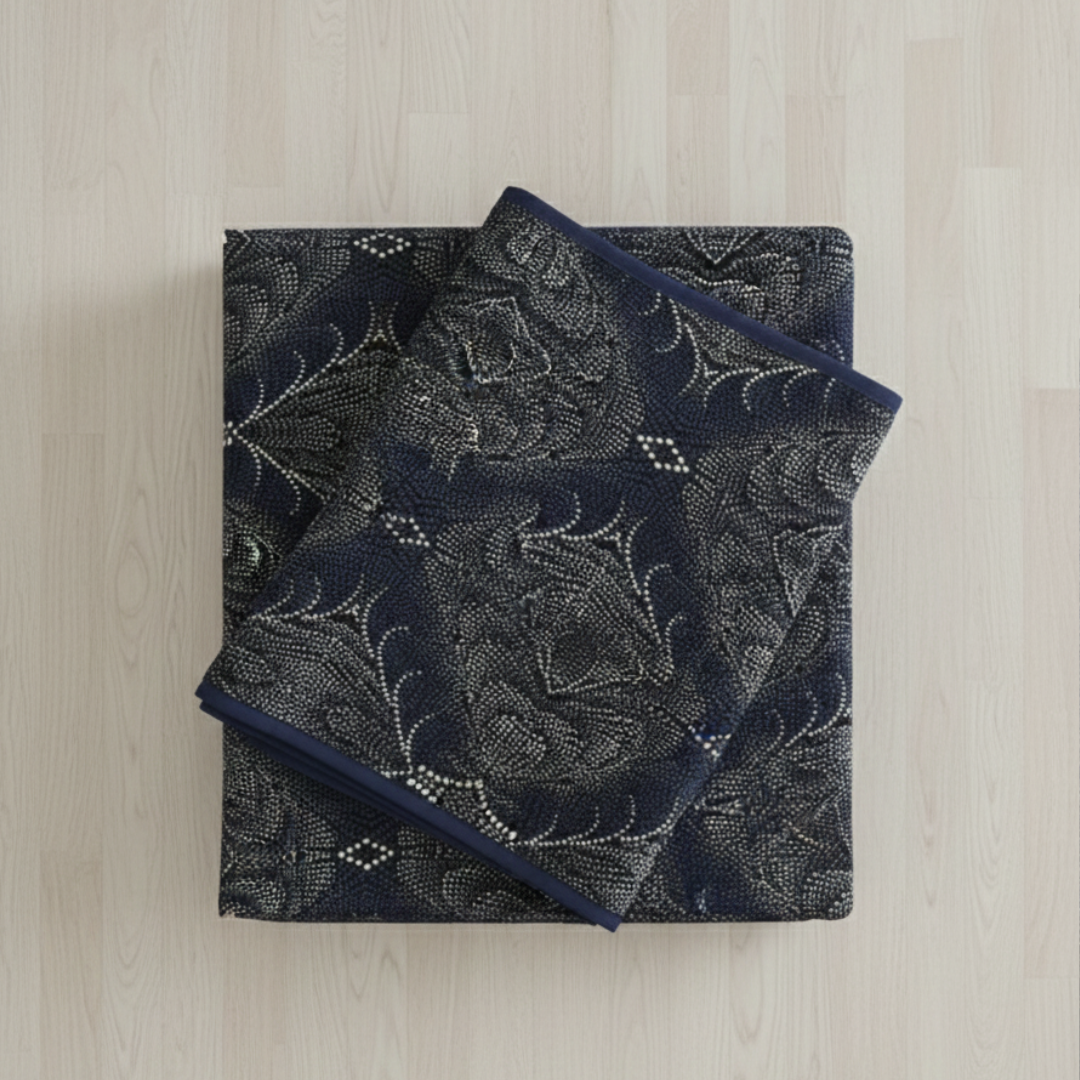 Premium Navy Blue & White Velvet Bedsheet Set for Double Bed | Super Soft Winter Bedsheet with 2 Pillow Covers