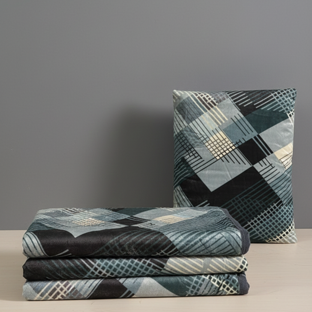 Premium Velvet Double Bed Bedsheet with 2 Pillow Covers – Teal, Grey & White Geometric Design | Super Soft Winter Bedding Set