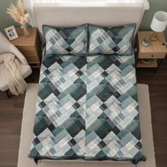 Premium Velvet Double Bed Bedsheet with 2 Pillow Covers – Teal, Grey & White Geometric Design | Super Soft Winter Bedding Set