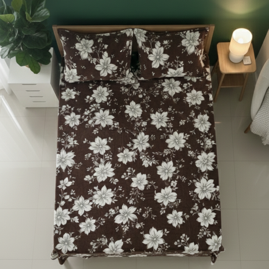 Coffee Brown Floral Velvet Bedsheet Set with 2 Pillow Covers – Super Soft Winter Bedding (Queen Size)