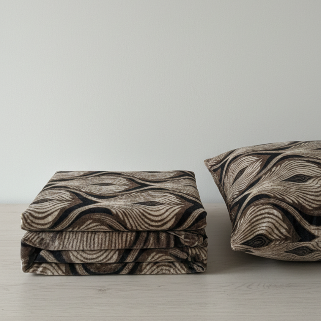 Premium Velvet Double Bed Bedsheet with 2 Pillow Covers – Dark & Light Brown Wave Design | Super Soft Winter Bedsheet Set