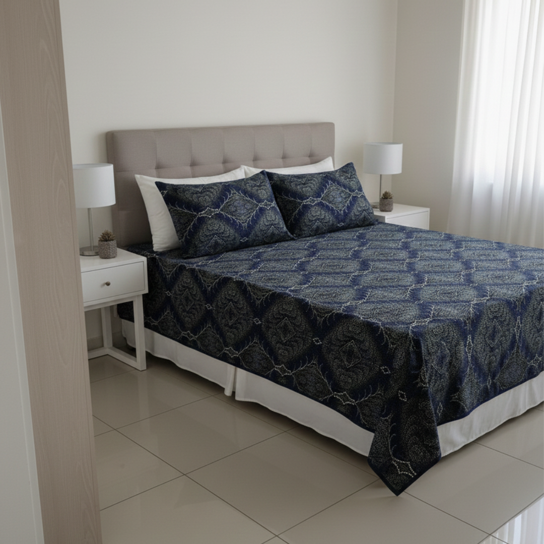 Premium Navy Blue & White Velvet Bedsheet Set for Double Bed | Super Soft Winter Bedsheet with 2 Pillow Covers