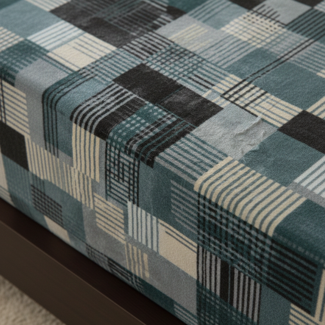 Premium Velvet Double Bed Bedsheet with 2 Pillow Covers – Teal, Grey & White Geometric Design | Super Soft Winter Bedding Set