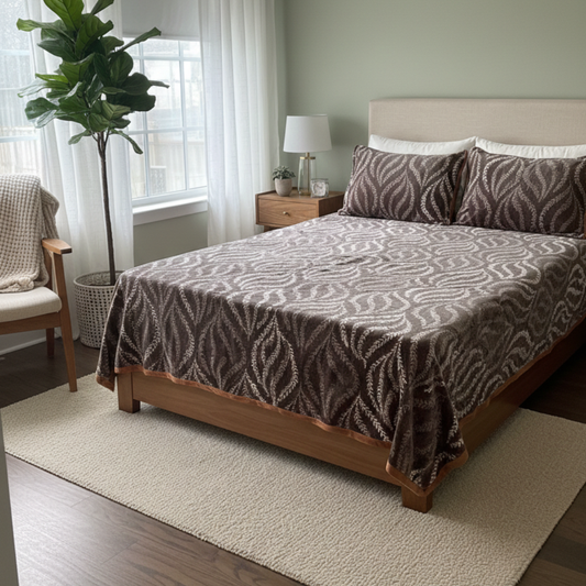 Premium Velvet Double Bed Bedsheet Set – Dark Brown & Khaki Leaf Pattern | Super Soft Winter Bedsheet with 2 Pillow Covers