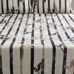 Premium Velvet Winter Bedsheet Set – Cream Striped Design with Floral Accents