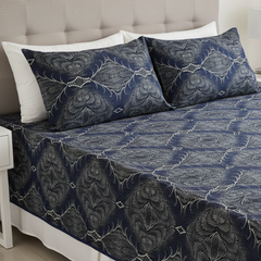 Premium Navy Blue & White Velvet Bedsheet Set for Double Bed | Super Soft Winter Bedsheet with 2 Pillow Covers