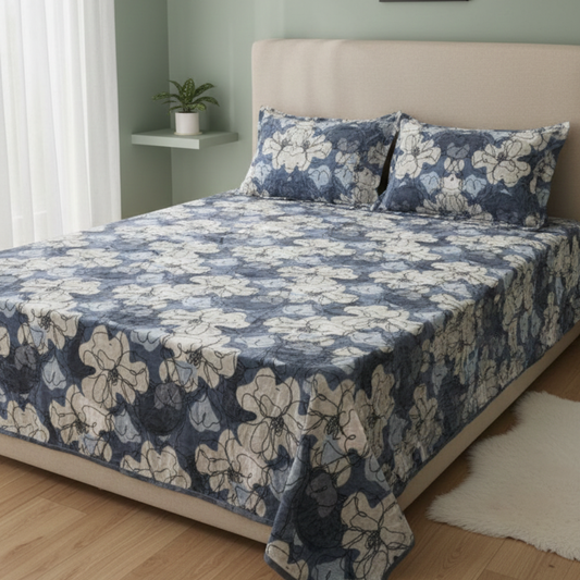 Premium Velvet Winter Double Bed Bedsheet with 2 Pillow Covers – Soft Floral Grey & White Design