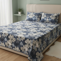 Premium Velvet Winter Double Bed Bedsheet with 2 Pillow Covers – Soft Floral Grey & White Design