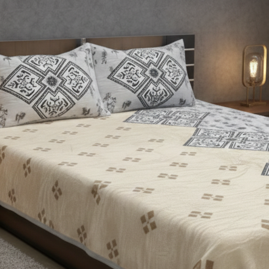 Premium Velvet Winter Bedsheet Set – Yellow & Grey Ethnic Print