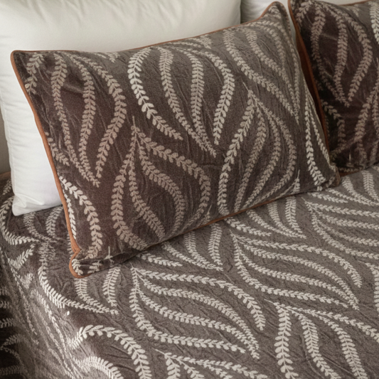 Premium Velvet Double Bed Bedsheet Set – Dark Brown & Khaki Leaf Pattern | Super Soft Winter Bedsheet with 2 Pillow Covers