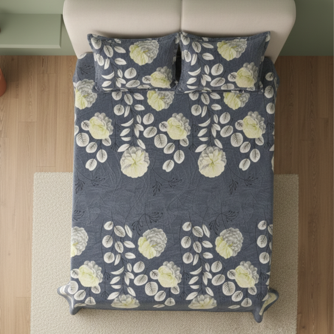 Premium Velvet Floral Double Bed Bedsheet Set with 2 Pillow Covers – Yellow & Greyish Blue