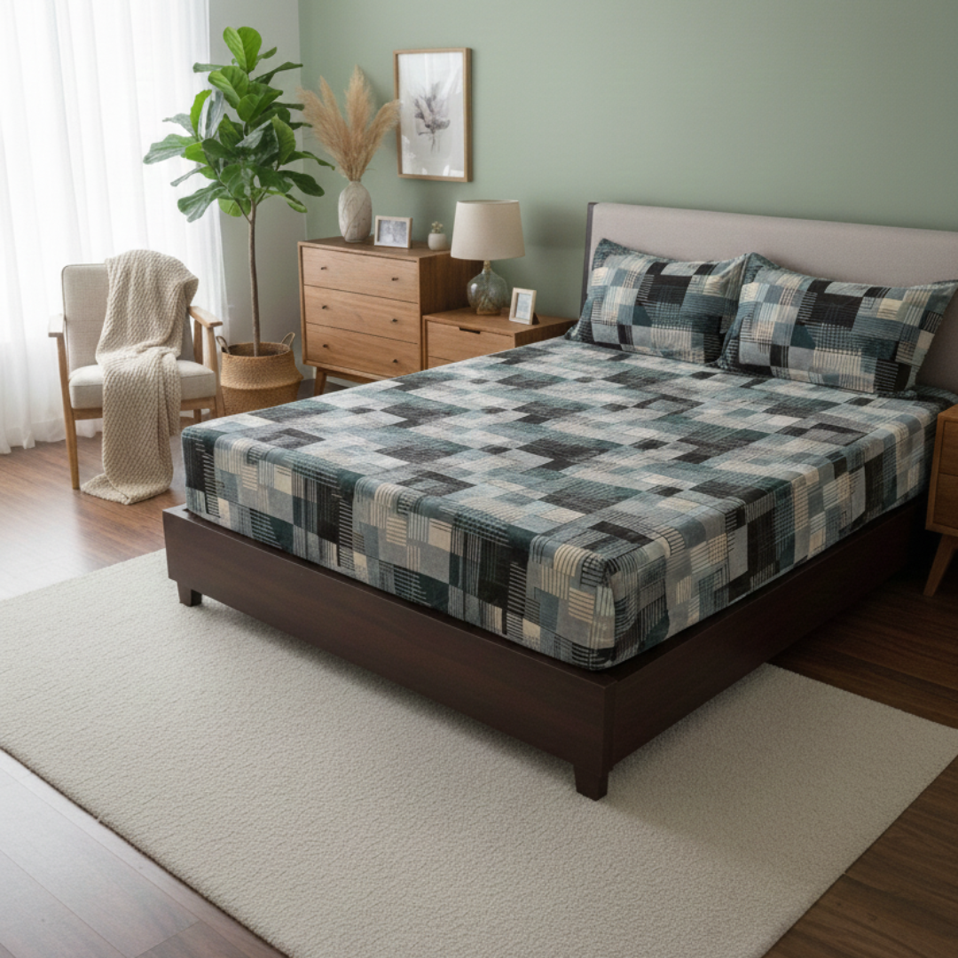 Premium Velvet Double Bed Bedsheet with 2 Pillow Covers – Teal, Grey & White Geometric Design | Super Soft Winter Bedding Set