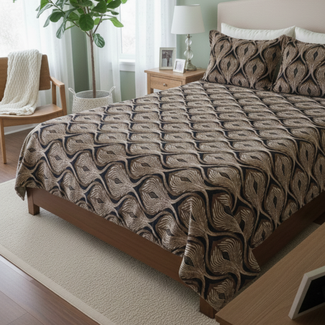 Premium Velvet Double Bed Bedsheet with 2 Pillow Covers – Dark & Light Brown Wave Design | Super Soft Winter Bedsheet Set