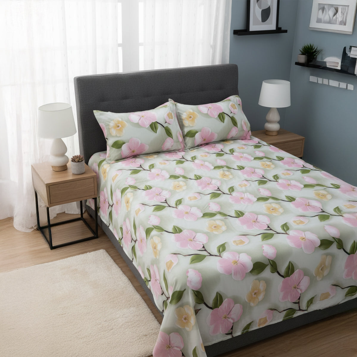 Spring Blossom Light Green Cotton Bedsheet Set with Pillow Covers