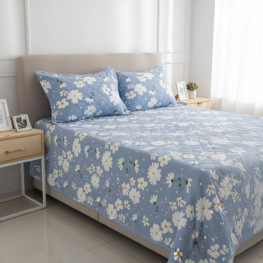 Pure Cotton Light Blue Daisy Quilted Bed Cover Set
