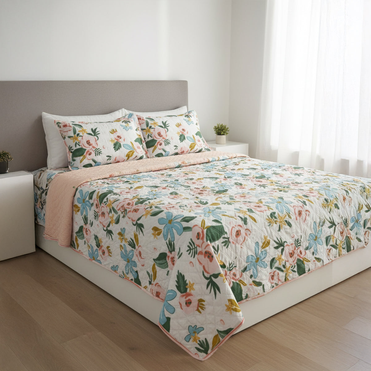 Floral Bliss Pure Cotton Quilted Bed Cover Set