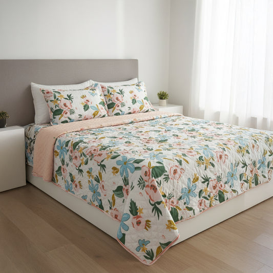 Floral Bliss Pure Cotton Quilted Bed Cover Set