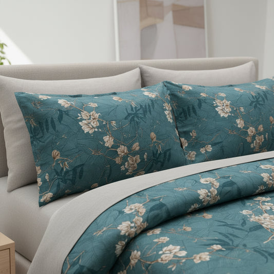 JivaCasa Premium Deep Teal Floral Cotton Bedsheet Set