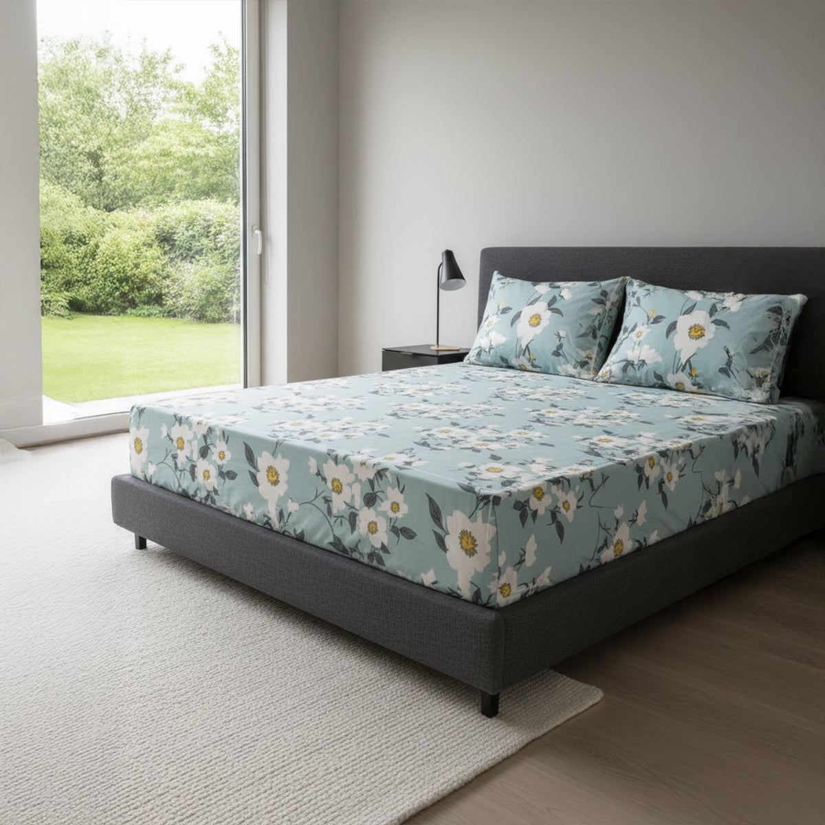 Serene Bloom Pale Blue Elastic Cotton Bedsheet Set