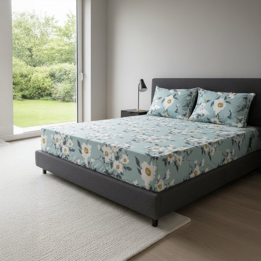 Serene Bloom Pale Blue Elastic Cotton Bedsheet Set