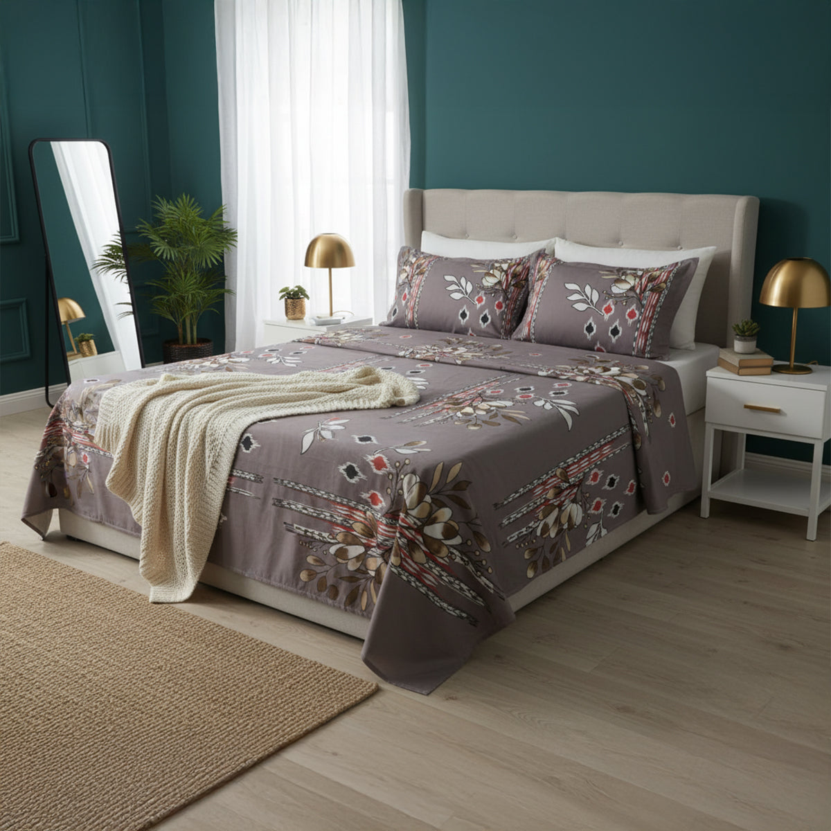 Grey Flare Floral Collection - JivaCasa Premium Glace Cotton Printed Bedsheet Set
