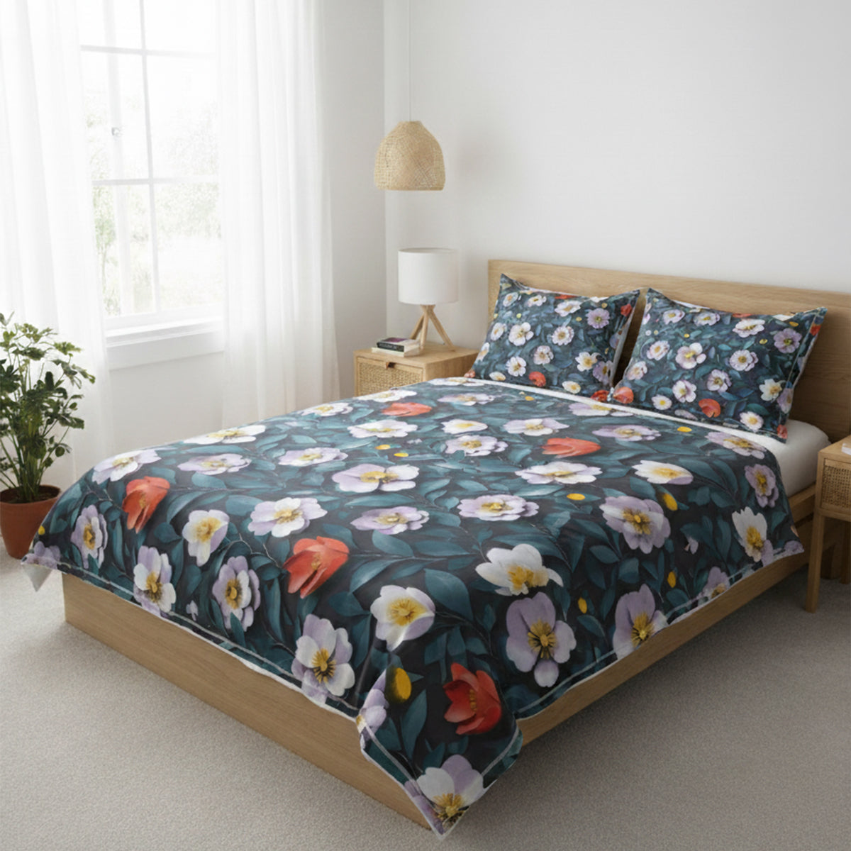 Midnight Garden Blue Cotton Bedsheet Set with Pillow Covers