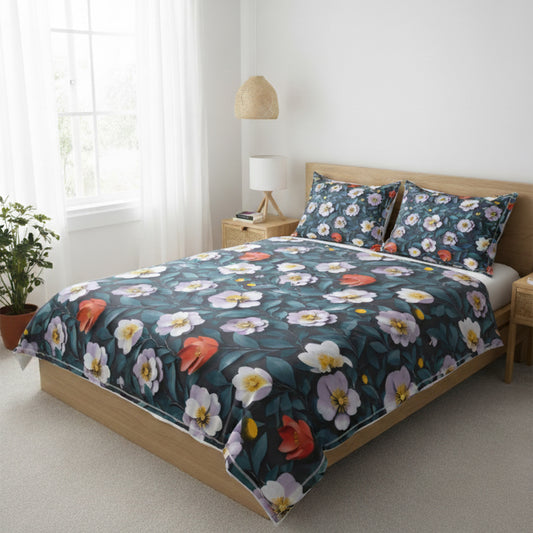 Midnight Garden Blue Cotton Bedsheet Set with Pillow Covers