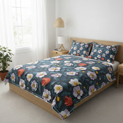 Midnight Garden Blue Cotton Bedsheet Set with Pillow Covers