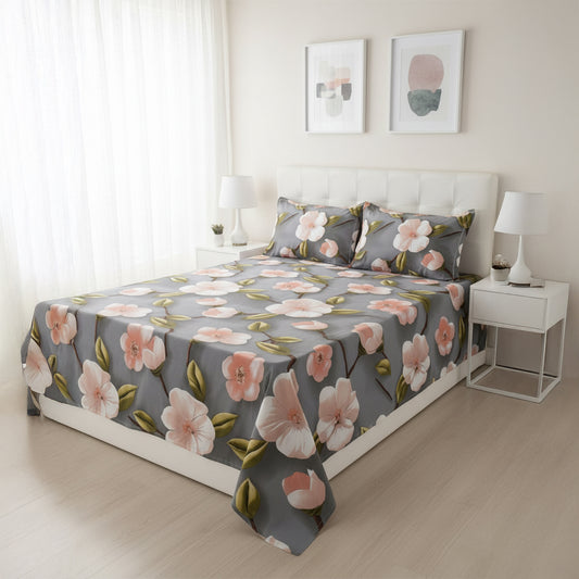 Blush Petal Grey Cotton Bedsheet Set with Pillow Covers
