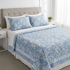 Powder Blue Floral Quilted Pure Cotton Bed Cover Set