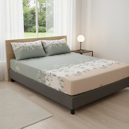 Pastel Bloom Cream & Sage Floral Elastic Cotton Bedsheet Set