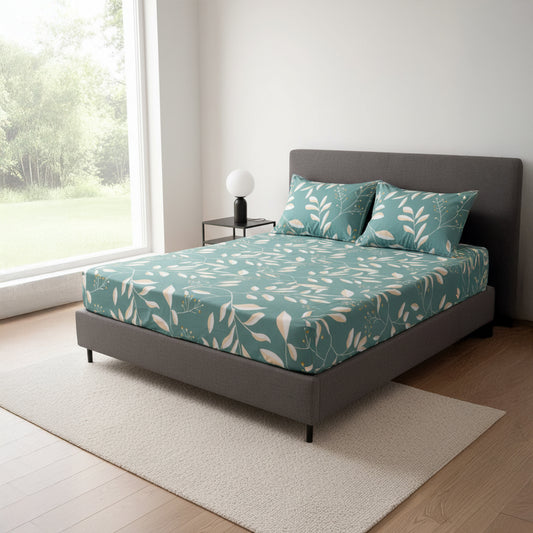 Botanic Sage Green Elastic Cotton Bedsheet Set