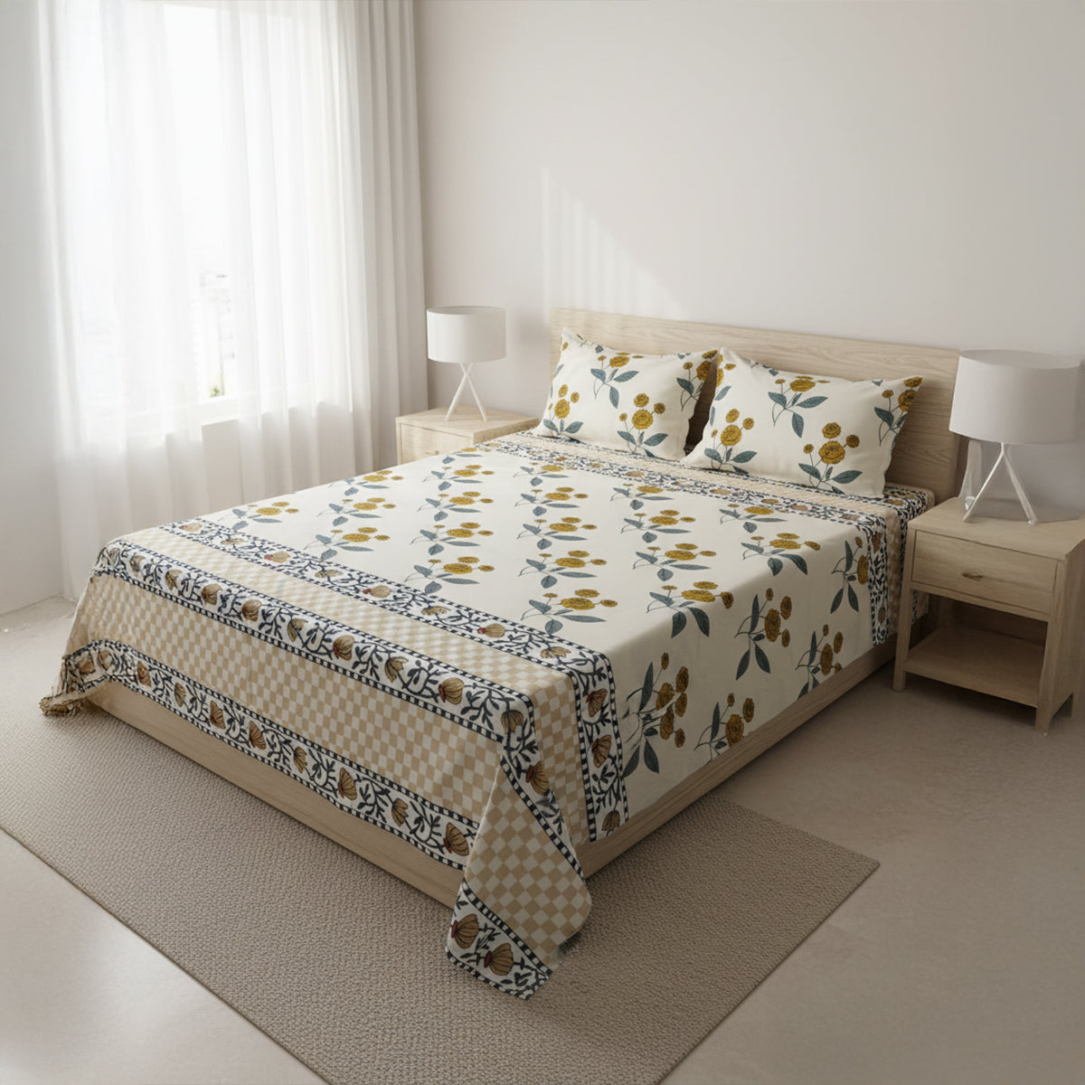 JivaCasa Premium Cream Floral Glace Cotton Queen Size Bedsheet