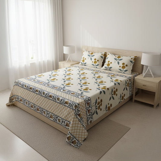 JivaCasa Premium Cream Floral Glace Cotton Queen Size Bedsheet