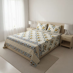 JivaCasa Premium Cream Floral Glace Cotton Queen Size Bedsheet