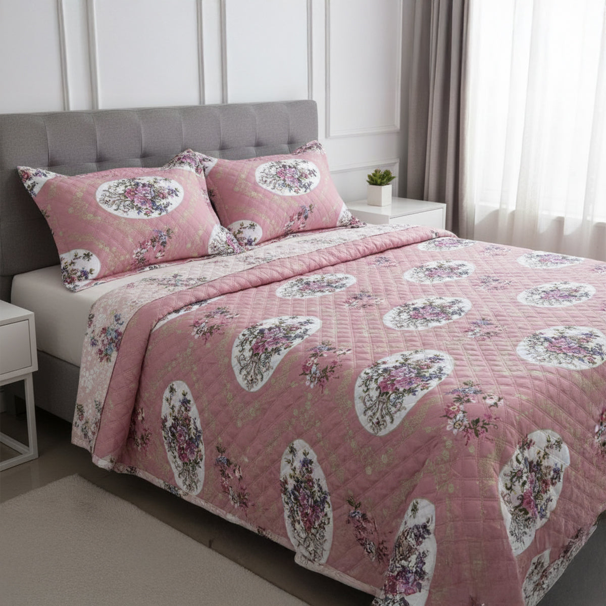Elegant Pink Floral Pure Cotton Quilted Bed Cover Set