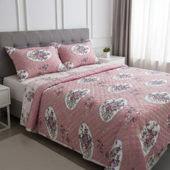 Elegant Pink Floral Pure Cotton Quilted Bed Cover Set