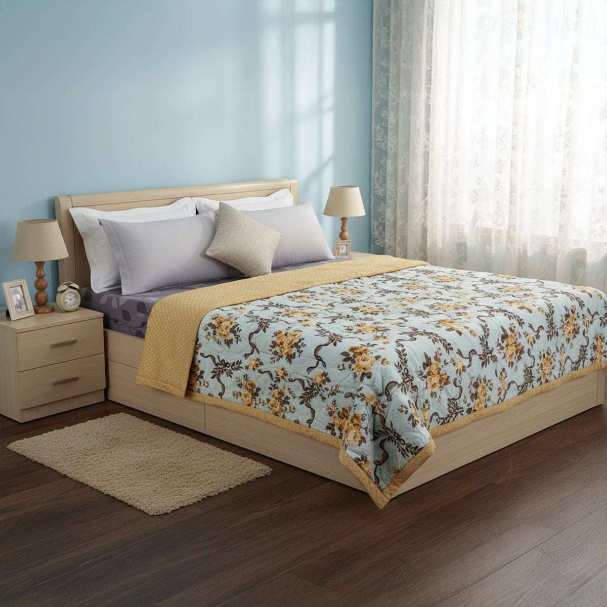 Amber Bloom Reversible Comforter – Pale Blue & Mustard Floral Elegance