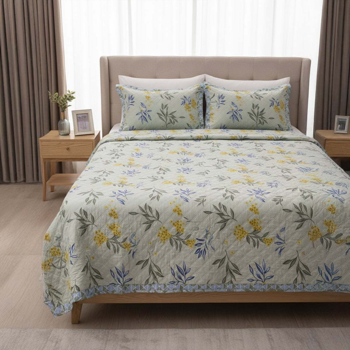 Light Green Floral Pure Cotton Quilted Bed Cover Set