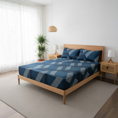 Urban Geo Peacock Blue Elastic Cotton Bedsheet Set