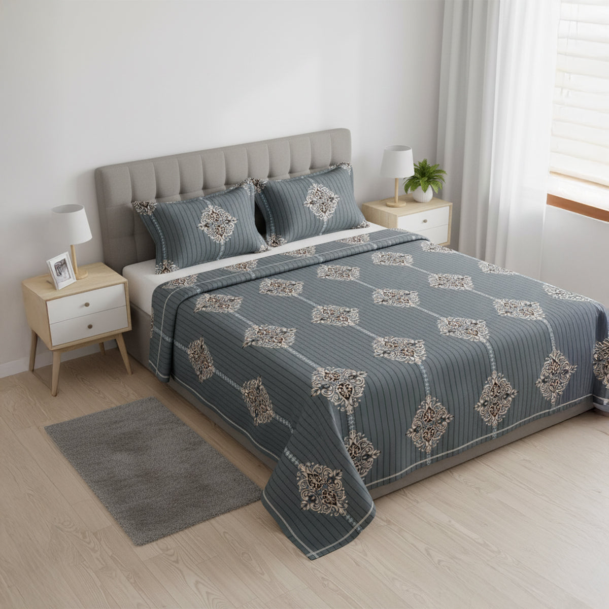 Deep Slate Blue with Classic Ornate Print Bedsheet Set