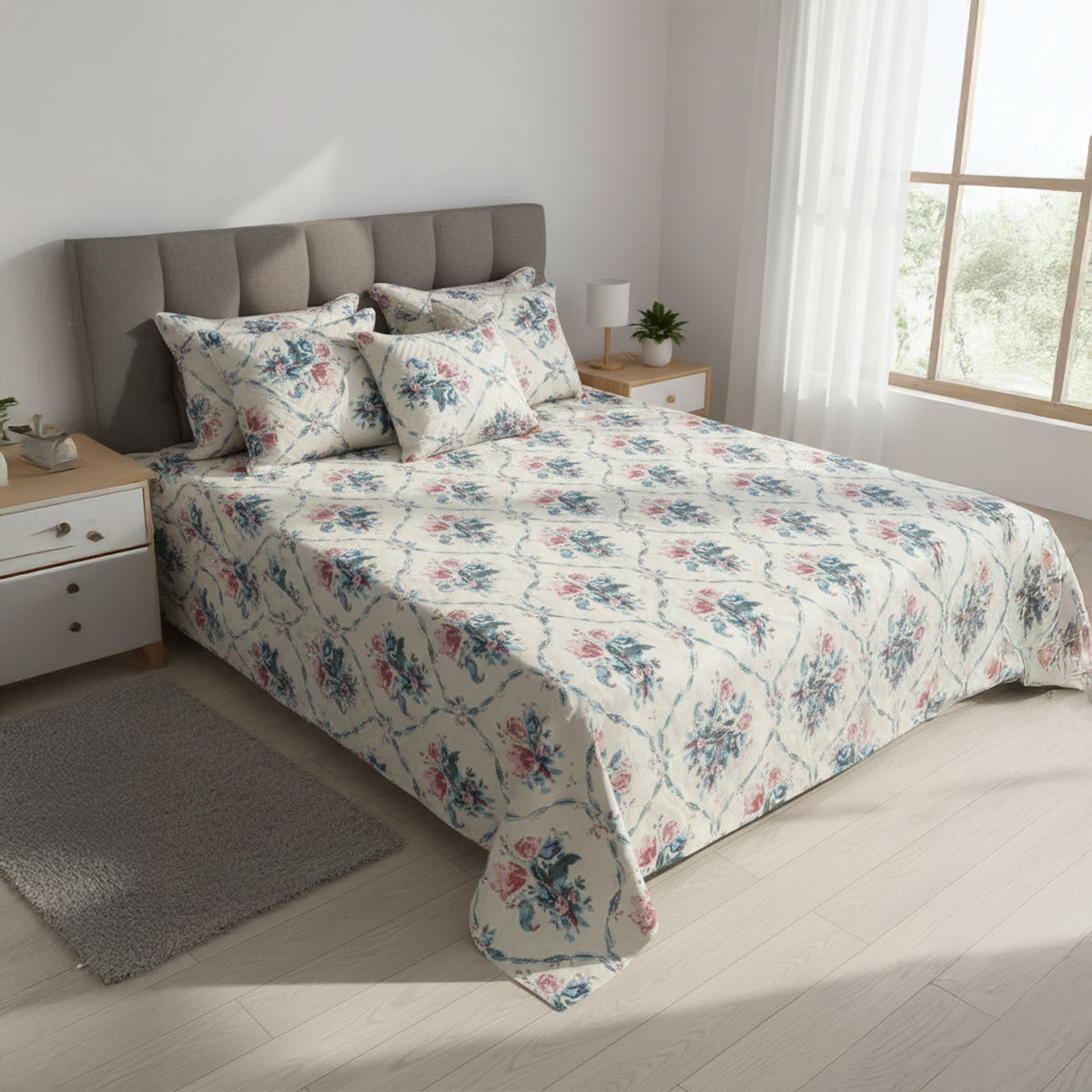 Blush Haven Floral Cotton Bedsheet Set with Cushion Covers