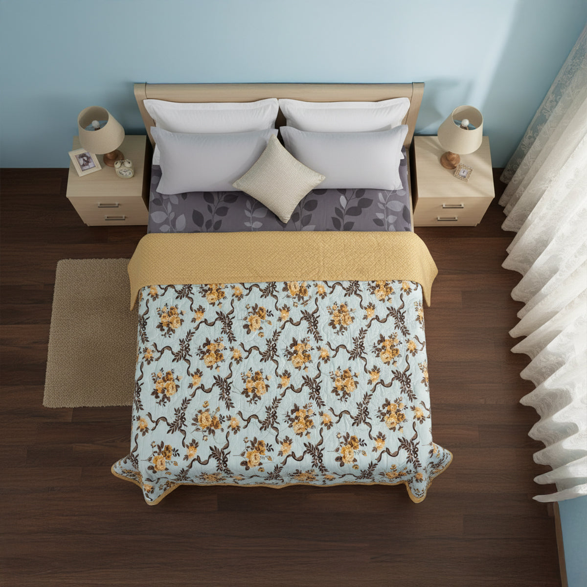 Amber Bloom Reversible Comforter – Pale Blue & Mustard Floral Elegance