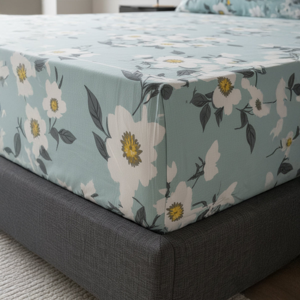 Serene Bloom Pale Blue Elastic Cotton Bedsheet Set