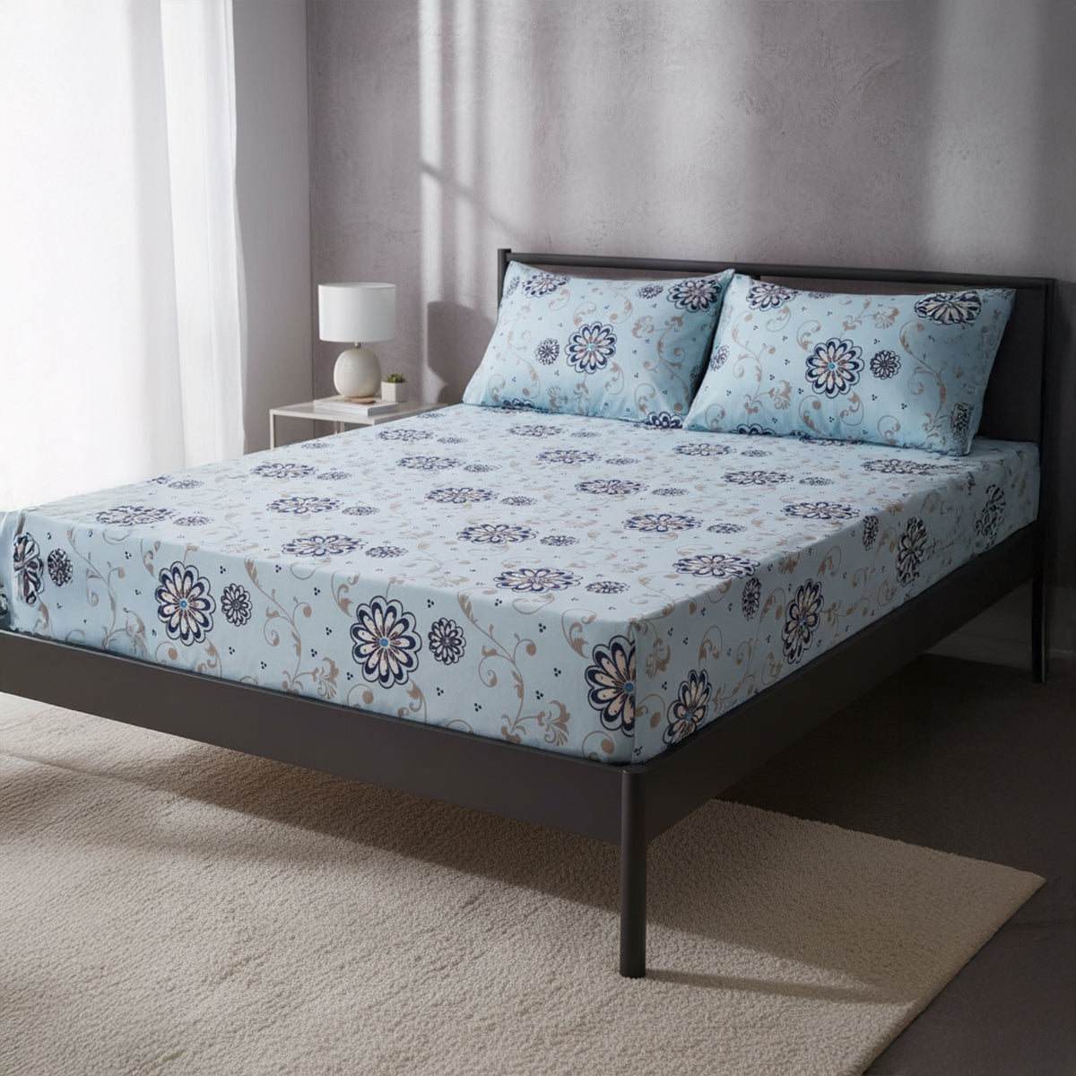 Frost Bloom Ice Blue Elastic Cotton Bedsheet Set