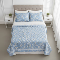 Powder Blue Floral Quilted Pure Cotton Bed Cover Set